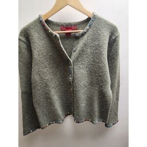 Skyr Womens 100% Wool Cardigan Sweater Olive Green French Knot Embroidered Small